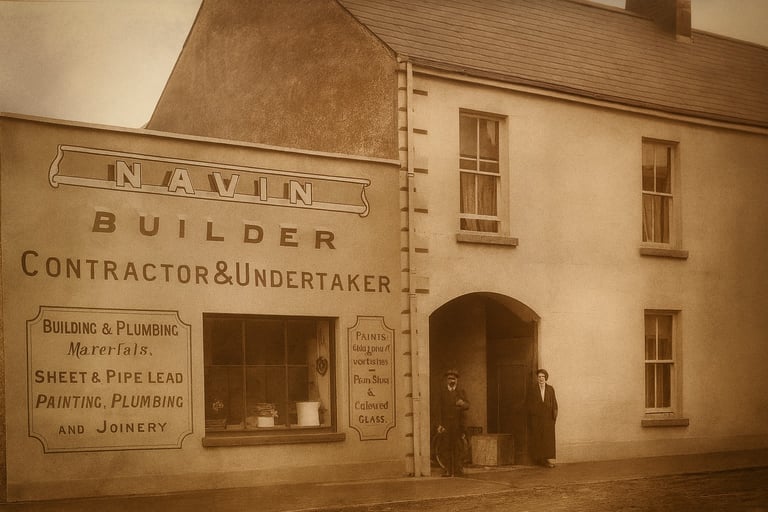 Vintage sepia photo of Navin Builder and Undertaker storefront, Westport, Co. Mayo.