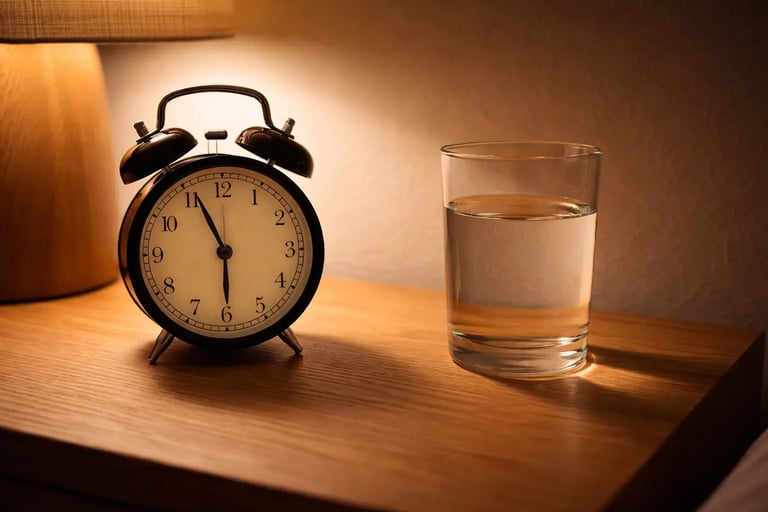 A vintage alarm clock and glass of water on a wooden bedside table illuminated by a warm lamp.