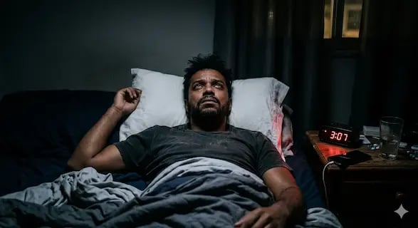 A man awake in bed at 3:07 AM suffering from insomnia and sleep deprivation symptoms.