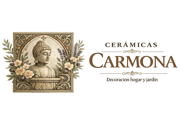 Cerámicas Carmona logo featuring a Buddha relief for home and garden decoration.