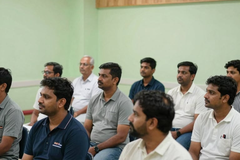 A group of South Asian / Indian individuals participating in a community health workshop, sitting in a bright room with pale green walls and wooden textures, atmosphere is professional and supportive.
