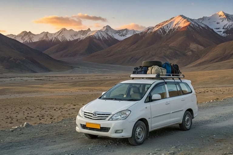 an Innova parked on a dirt road in the mountains of Ladakh