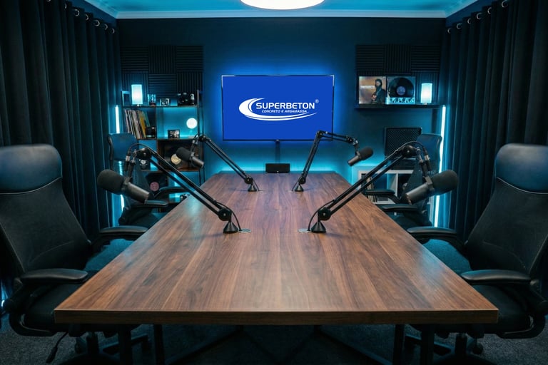 foto de estúdio de podcast pod com will mesa com cadeiras e microfones profissionais 