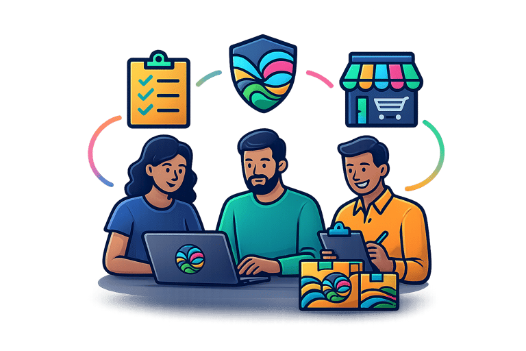 Illustration of branded shipping boxes, storefront icon, and checklist representing East Swell’s mod