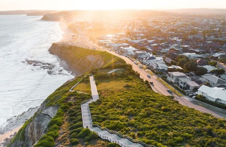 A scenic coastal walkway offering sweeping views of Newcastle’s beaches.