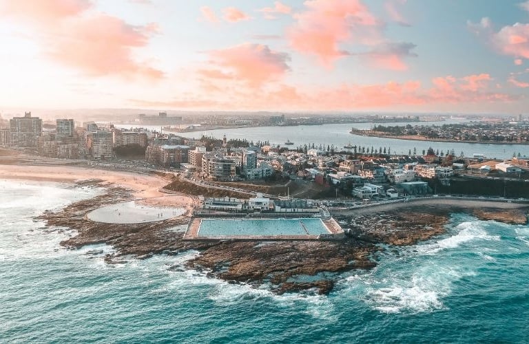 A stunning aerial perspective of Newcastle’s beaches and coastline.