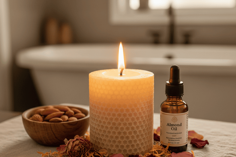 Una botella de aceite esencial de aromaterapia y una vela encendida sobre una mesa con lavanda