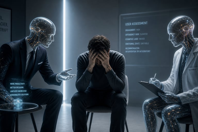 Man with head in hands being torn between a salesman android and a clinician android