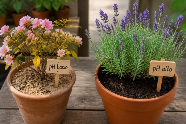 Flores rosas e lavanda roxa em vasos, com marcadores de madeira para indicar níveis de pH de baixa e