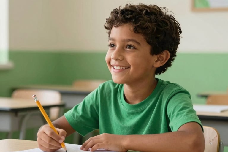 A smiling South American / Brazilian child sitting at a bright desk, holding a pencil, look of inspiration, soft green and beige interior, modern photography style.