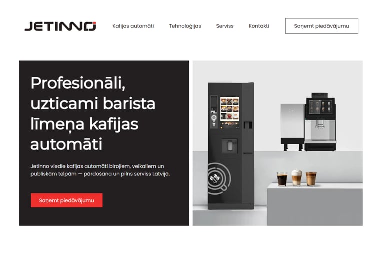 Jetinno kafijas automātu B2B mājaslapas dizaina piemēr
