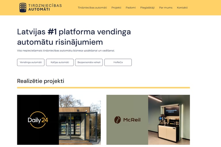 Vending nozares platformas mājaslapas dizaina piemērs Latvijā
