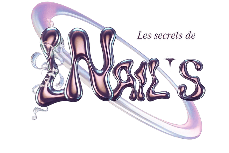 Futuristic 3D liquid chrome logo for Les Secrets de Nails with metallic purple typography.