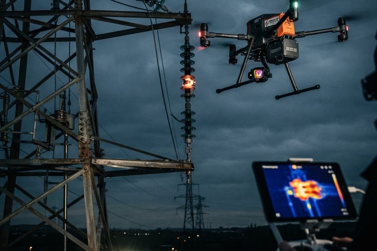 UAV công nghiệp bay giám sát đường dây cao thế, camera nhiệt hiển thị dữ liệu hồng ngoại, ánh sáng công nghiệp tương phản cao, chi tiết kỹ thuật sắc nét.