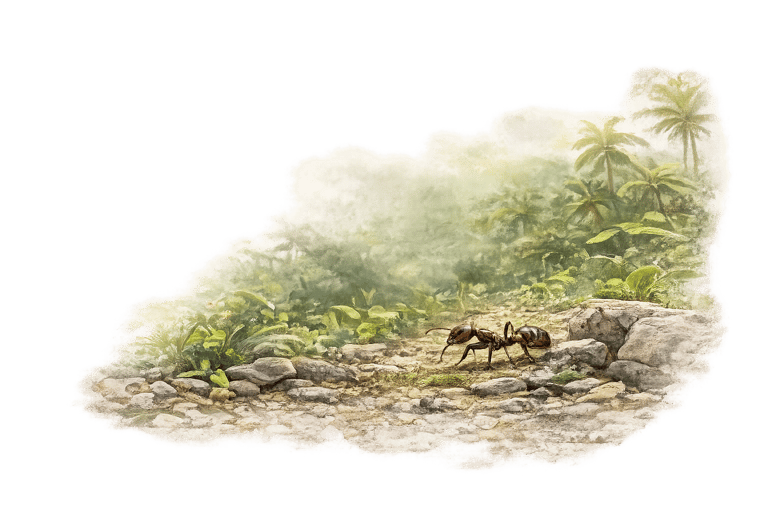 A brown ant crawling on a rocky forest path with tropical palm trees in a misty background.