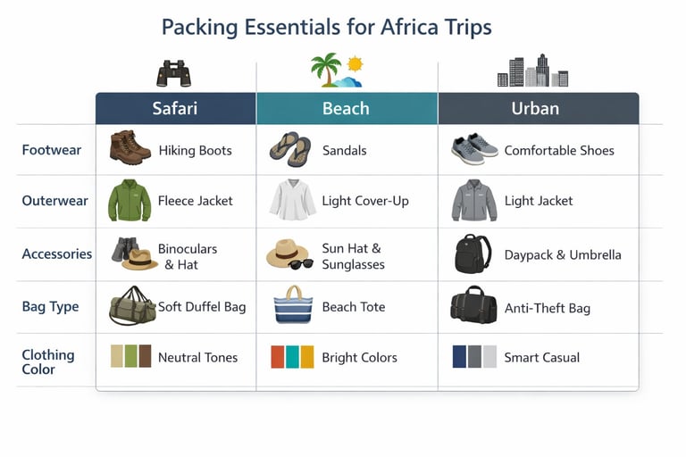 african travel packing comparison table for safari beach and urban trips