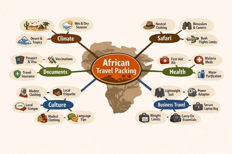 african travel packing with key travel categories