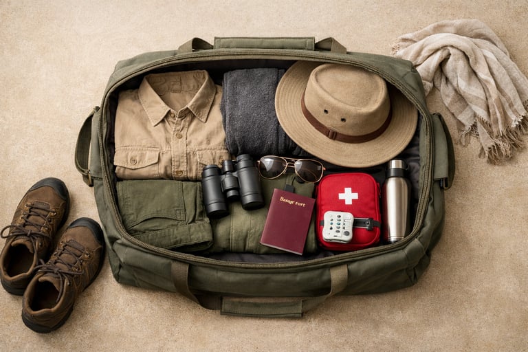 open safari duffel bag packed for african travel