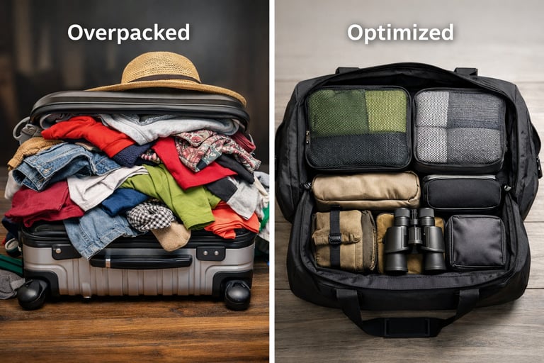 overpacked suitcase vs optimized safari duffel bag
