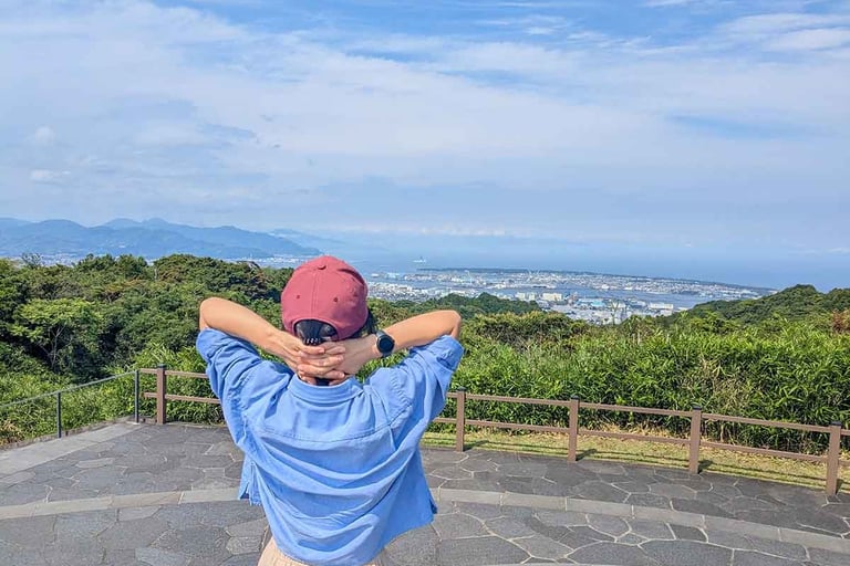 Woman standing at a mountain viewpoint overlooking Shizuoka city, forests, and the Japan Sea coastline.