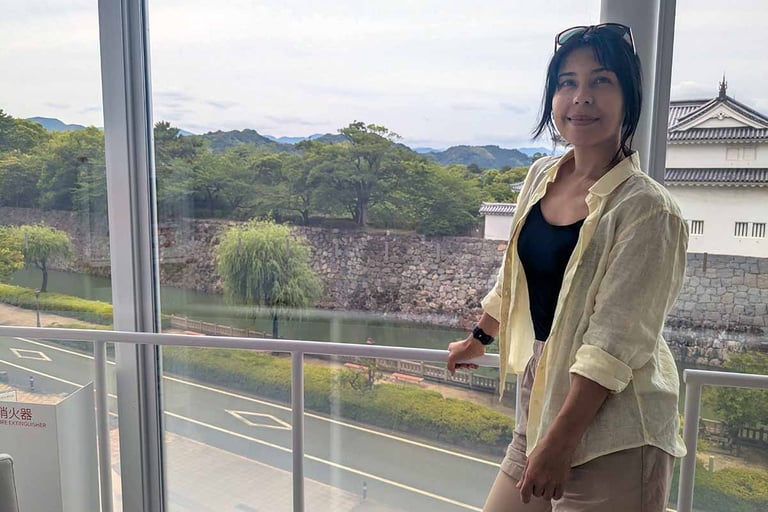 Traveler overlooking a Japanese castle and surrounding landscape in Japan.
