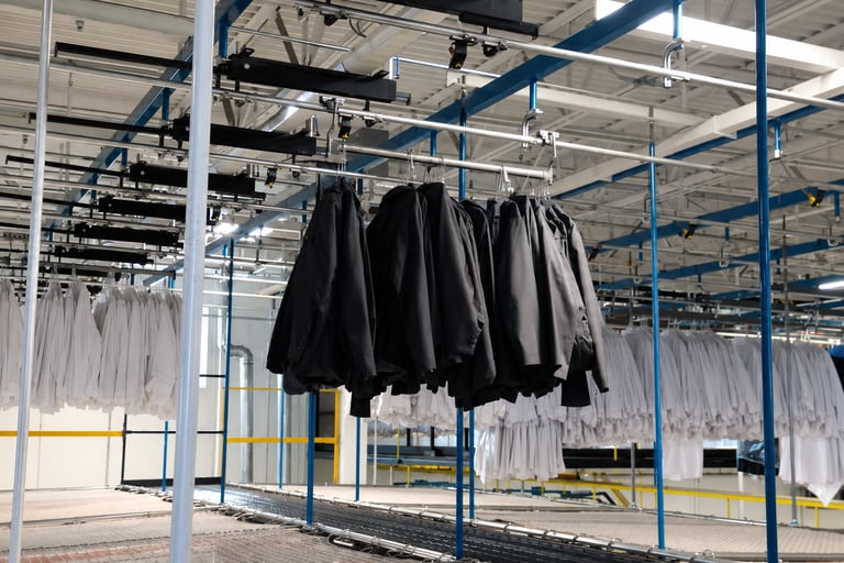 Transportador industrial para manejo de ropa en procesos de clasificación y distribución de prendas.