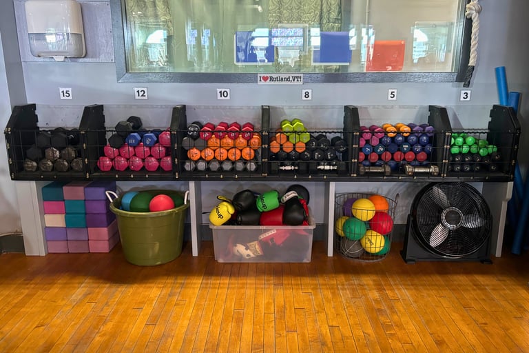 smaller dumbbells, yoga blocks, gloves, balls