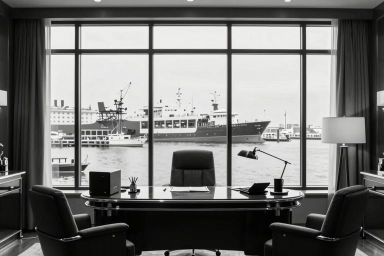 Black and white industrial landscape featuring stacked shipping containers and metal silos.