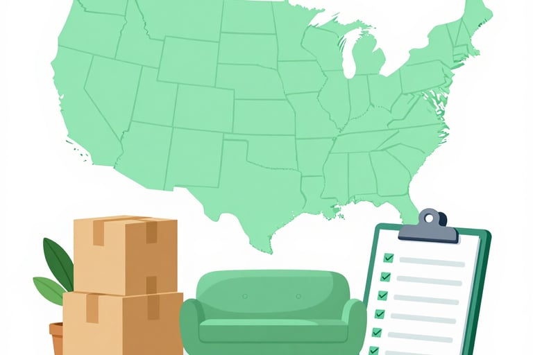 Moving cost guide with U.S. map, moving boxes, sofa, and checklist.