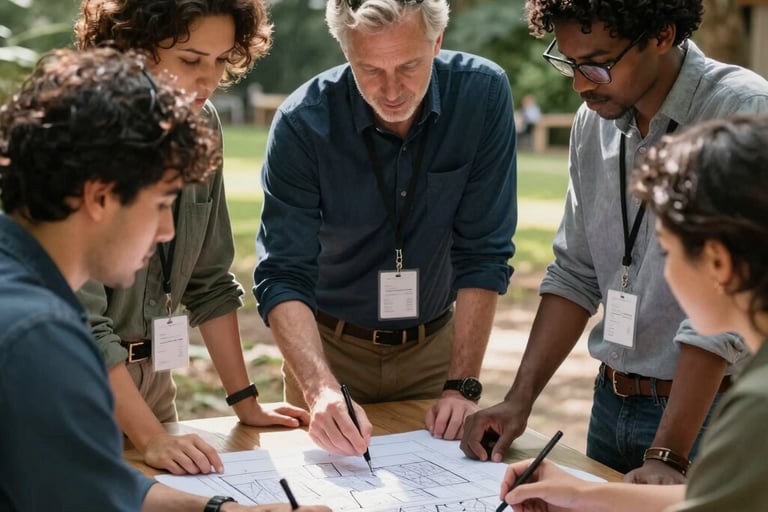 A group of diverse professionals and community leaders collaborating over a building plan in a sunlit outdoor workspace, International / Diverse Communities, warm natural lighting, Forest Green and Dark Blue accents.