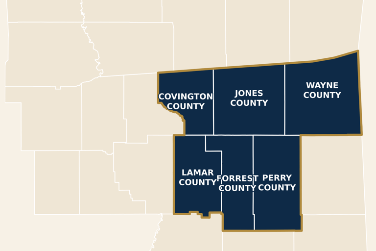  Map of Pine Belt Mississippi counties served by Field & Vine Realty