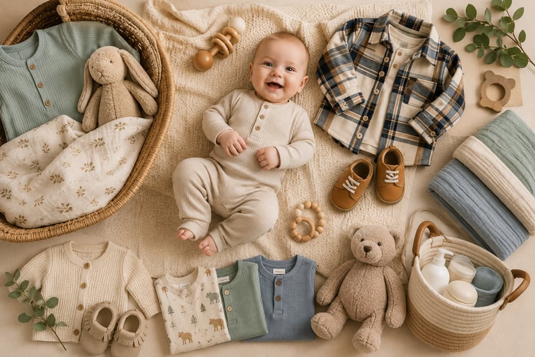 Smiling baby boy lying on a blanket surrounded by organic baby clothes, toys, and nursery essentials.