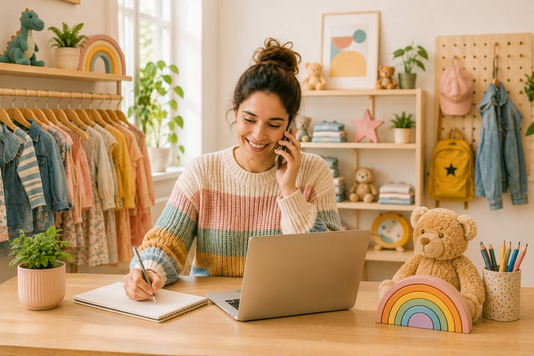 A smiling woman business owner talking on her phone while working on a laptop in a kids' boutique.