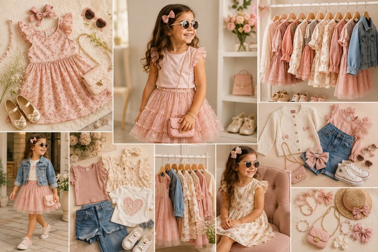 Young girl modeling stylish pink floral toddler dresses and accessories for spring fashion.