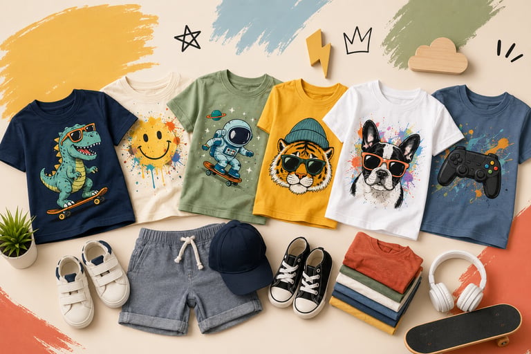 Collection of colorful kids graphic t-shirts featuring dinosaurs, astronauts, and animals with shorts and sneakers.