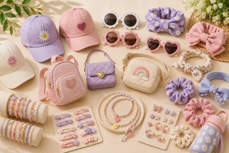Collection of colorful girls accessories including baseball hats, sunglasses, mini purses, and floral hair clips.