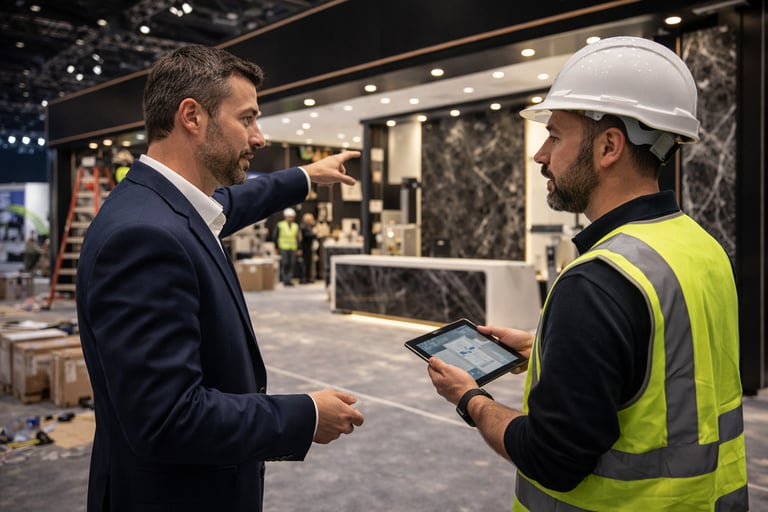 A project manager in a suit discusses construction plans with a worker in a hard hat and safety vest.