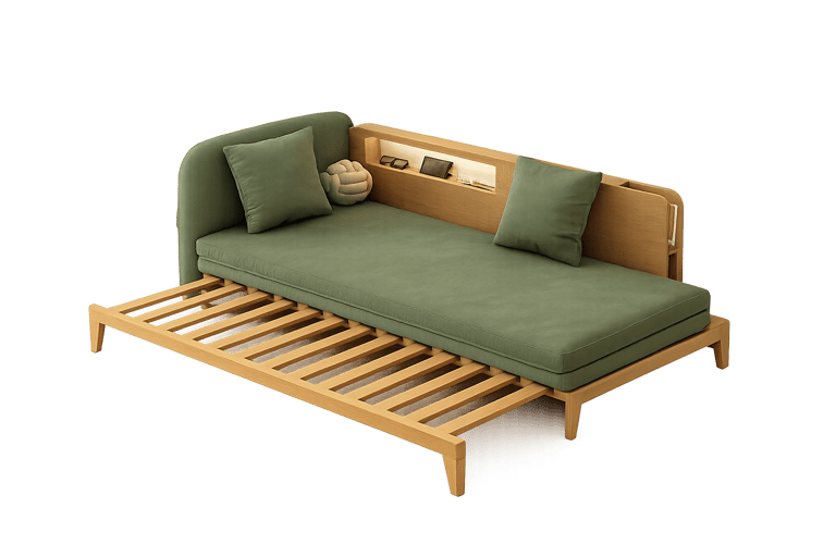 Convertible Wooden Daybed with Green Cushions – Multifunctional Sofa Bed