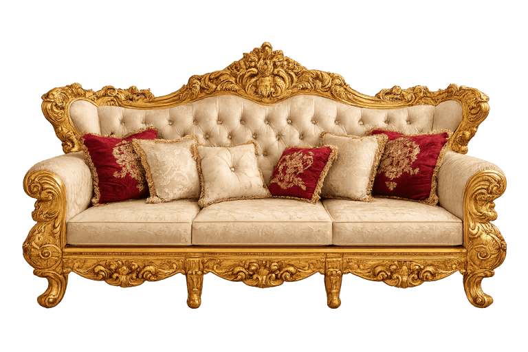 royal gold carved sofa with tufted cream upholstery and red velvet cushions