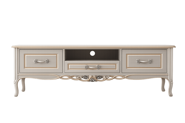 Royal Cream Wooden TV Unit with Drawers – Hand-Carved Teakwood Furniture