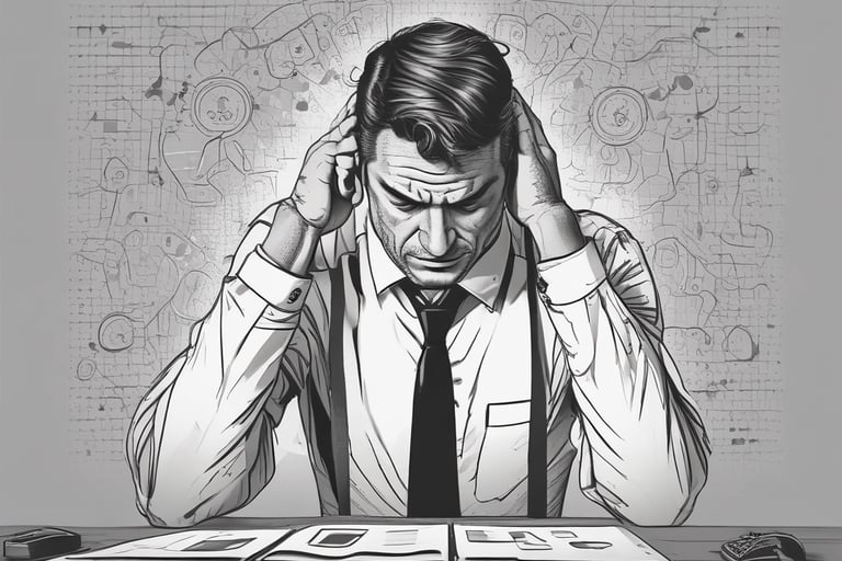 Anxious businessman sitting with hands on head Distressed Takeover