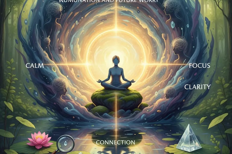 Present-time awareness meditation visual showing calm, focus, clarity, and connection beyond rumination and future worry.
