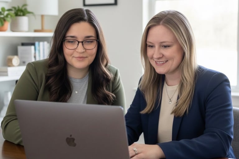two women sitting at a table with a laptop