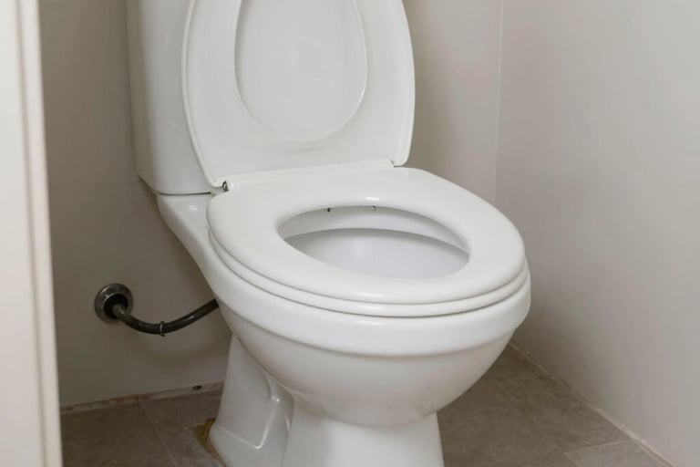 White ceramic flush toilet with an open lid in a modern bathroom with grey tile flooring.