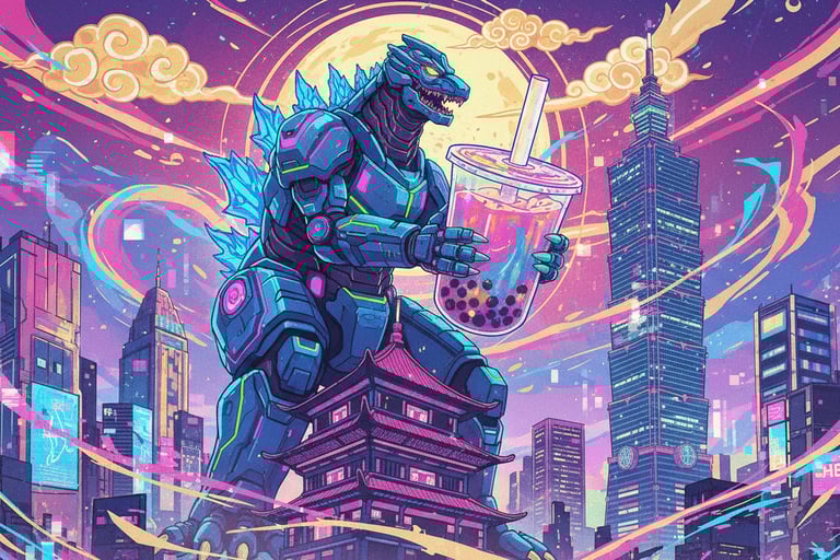 Robot Godzilla holding a bubble tea in Taipei