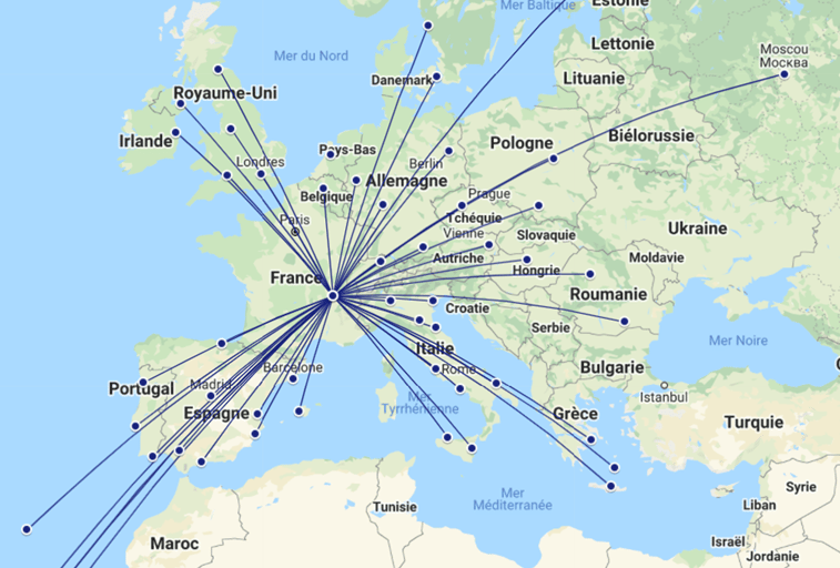 Europe map with Lyon as a central location