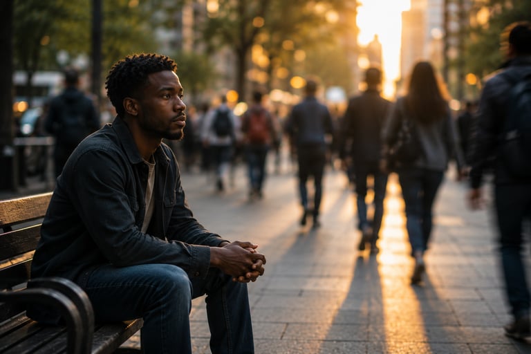 Person sitting quietly while the world moves around them, symbolizing dissociation, emotional,