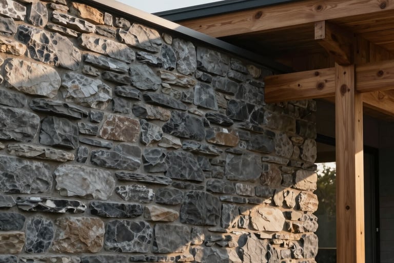A high-quality photography shot of a solid stone wall integrated with a modern wooden architectural structure, symbolizing a strong foundation and stability, soft morning light, North American setting.