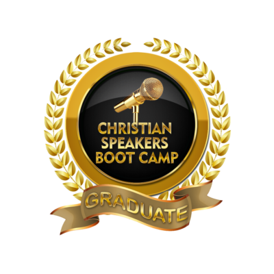 Golden Christian Speakers Boot Camp graduate logo with microphone and laurel wreath.