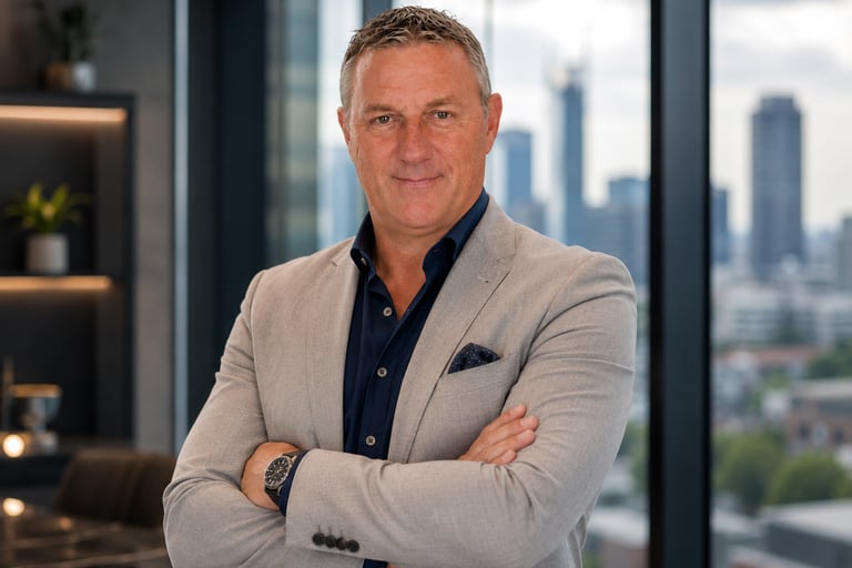 Professional male executive in a grey blazer posing in a modern office with a city skyline view.